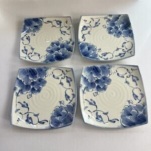 Asian Dinner Plate Set of 4 9" Square Blue Floral Pottery Ceramics